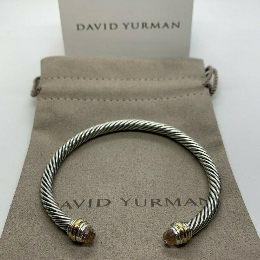 David Yurman Sterling Silver Morganite and 14K Gold 5mm Cable Cuff Bracelet